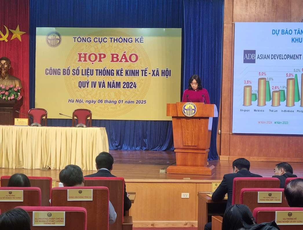 Tổng cục trưởng Nguyễn Thị Hương thông tin GDP quý IV/2024 ước tính tăng 7,55%. Ảnh: Tuyết Lan